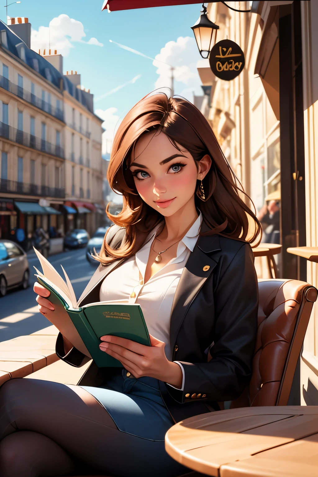 Career woman having a lovely day, reading a book in a Parisian cafe, viewer's perspective, cute eyes, detailed face, nice weather and pleasant sunshine