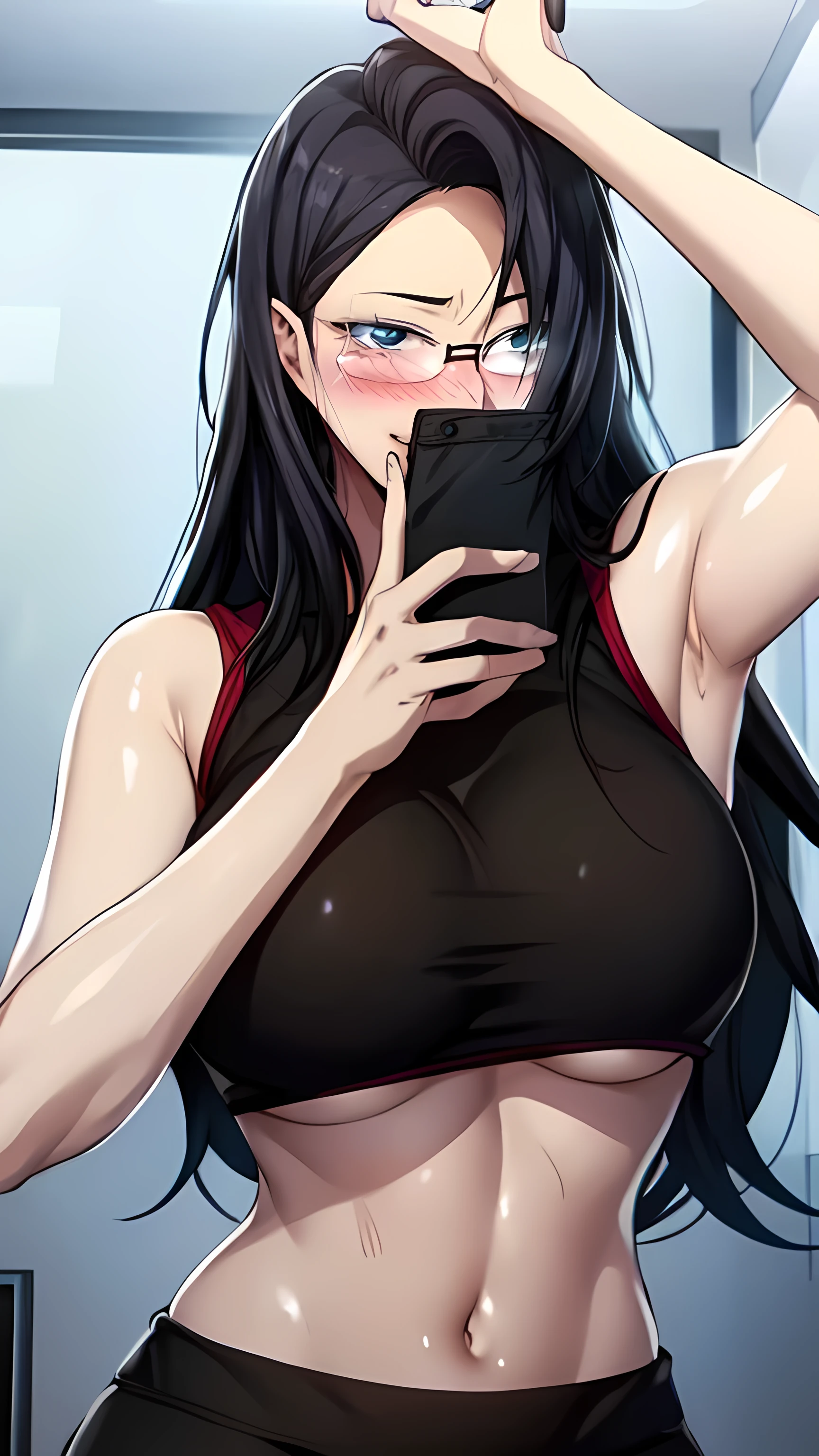 score_9, score_8_up, score_7_up, score_6_up, score_5_up, score_4_up, (8k, RAW photo, best quality, masterpiece:1.2), black hair, long hair, front view detailed body, long belly , Slender body, tight body , thicc, large breast , long thighs,Seoldef, black hair, black eyes, long hair, black , yoga suit, gym, indoors, wet hair, wet body, wet clothes, yoga pants, Selfie , armpit, underboob