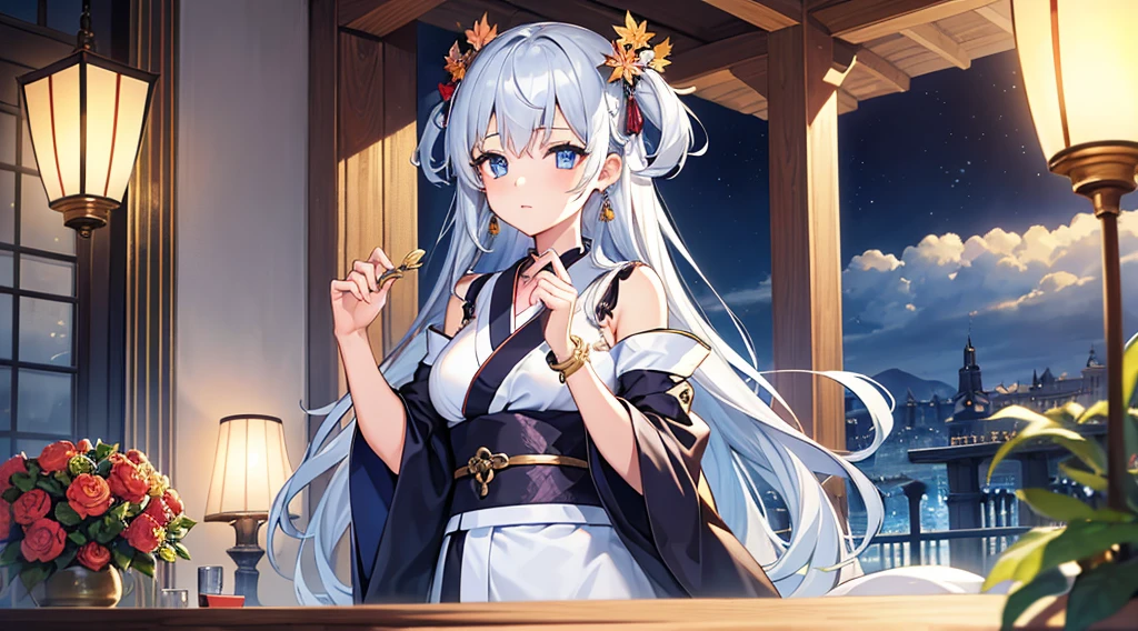 Highest quality, masterpiece, figure, wallpaper,One girl, Beautiful detailed girl, Highly detailed eyes and face, Beautiful attention to detail, Shine, View your viewers, Blue Eyes, Side Up,Beautiful silver hair ,crisp finger, clear background, deep night、Big earrings、bracelet,kimono,Autumn,