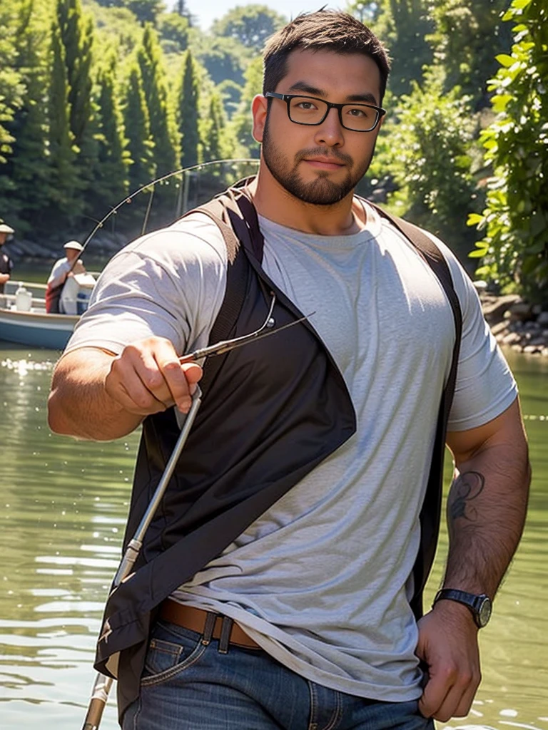 crew cut, (((full body))), mature man, [slightly fat], asian man, brown eyes, rounded face, glasses, slightly balding, (big shoulders), (((stubbles, Short beard))), (((full beard))), (Beautiful eyes:1.3), (Detailed face:1.3), cowboy shot,  wearing fisher outfit, holding a fishing rod, fishing on a old wooen boat, realistic photo, rocky river background, dramatic atmosphere