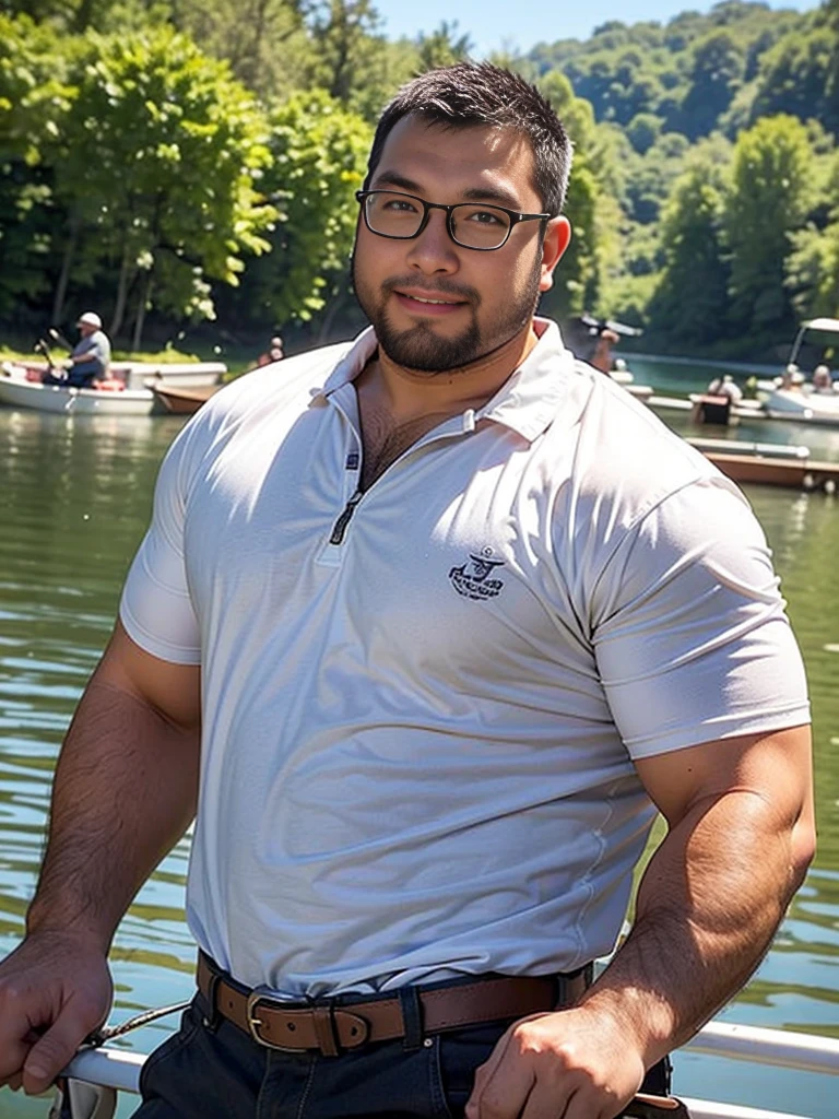 crew cut, (((full body))), mature man, [slightly fat], asian man, brown eyes, rounded face, glasses, slightly balding, (big shoulders), (((stubbles, Short beard))), (((full beard))), (Beautiful eyes:1.3), (Detailed face:1.3), cowboy shot,  wearing fisher outfit, holding a fishing rod, fishing on a old wooen boat, realistic photo, rocky river background, dramatic atmosphere