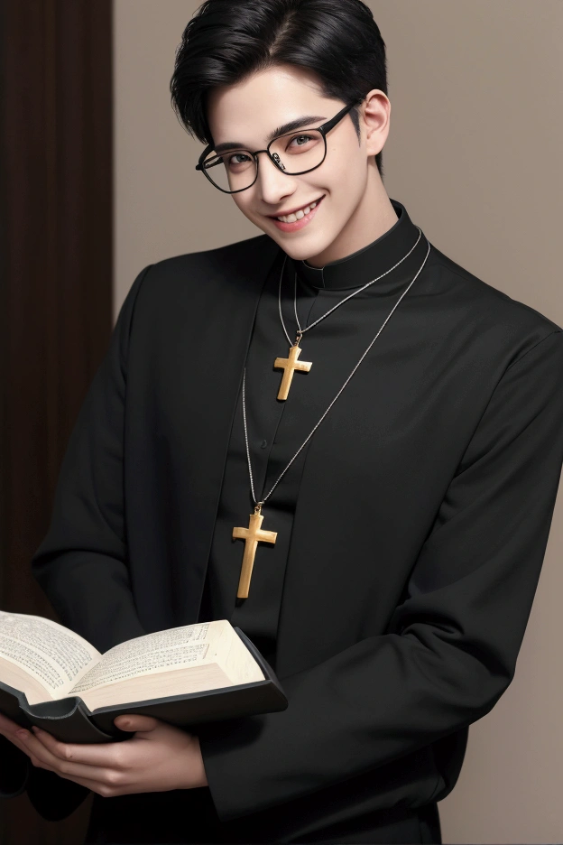 1 boy,  Man, Eyes staring at the camera, Perfect Male Body, (priest,Black clothes, Glasses, Bible in hand,Cross Necklace,Wicked Smile),cheese,Dramatic Shadows, Ray Tracing,Portraiture,(masterpiece, High resolution, Super detailed:1.0)