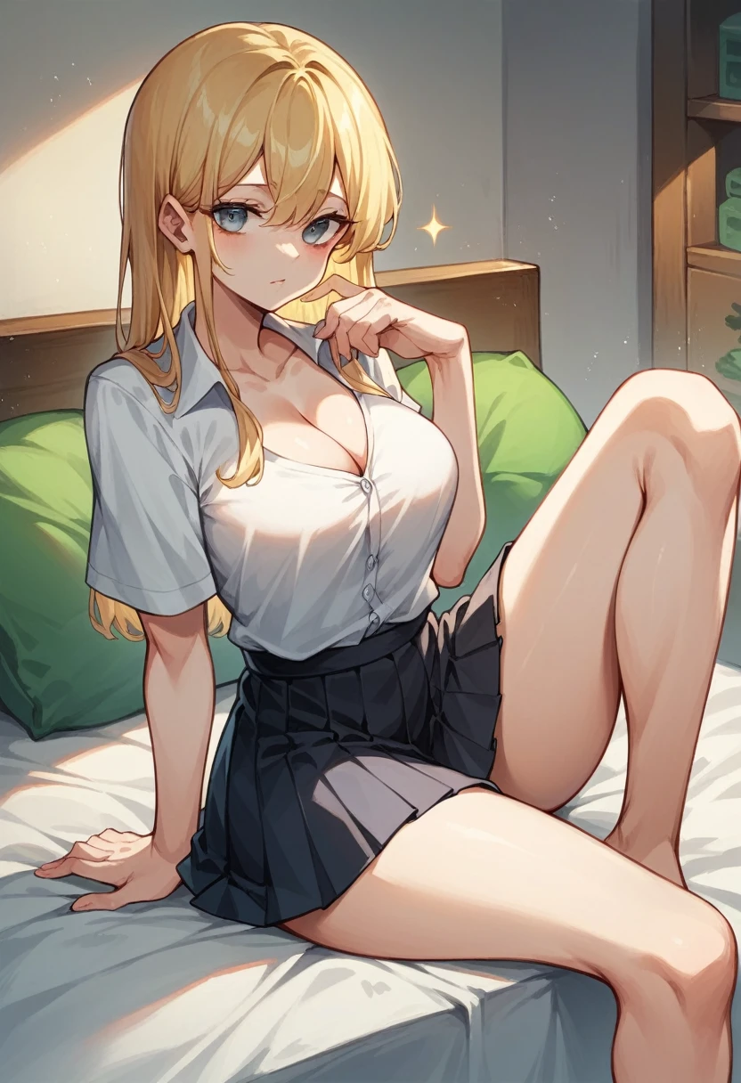 Minecraft Enderman Girl Japanese Golden silky straight hair Wearing a shirt and a pleated skirt The cleavage is visible beautiful Very tall tall Minecraft World Sitting on the bed Dark blonde Black painted room