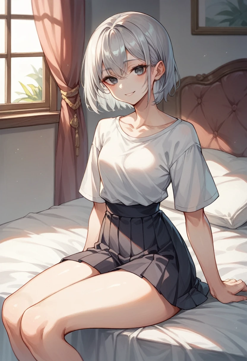 Girl sitting on bed（The girl has long silver hair　Shoulder length　She is wearing a white shirt and a black pleated skirt　Gray Eyes　White skin　tall　With bangs　Beautiful face　Thin legs　Small waist, slightly large chest　Smiling　Silver Hair　Anime Style ）