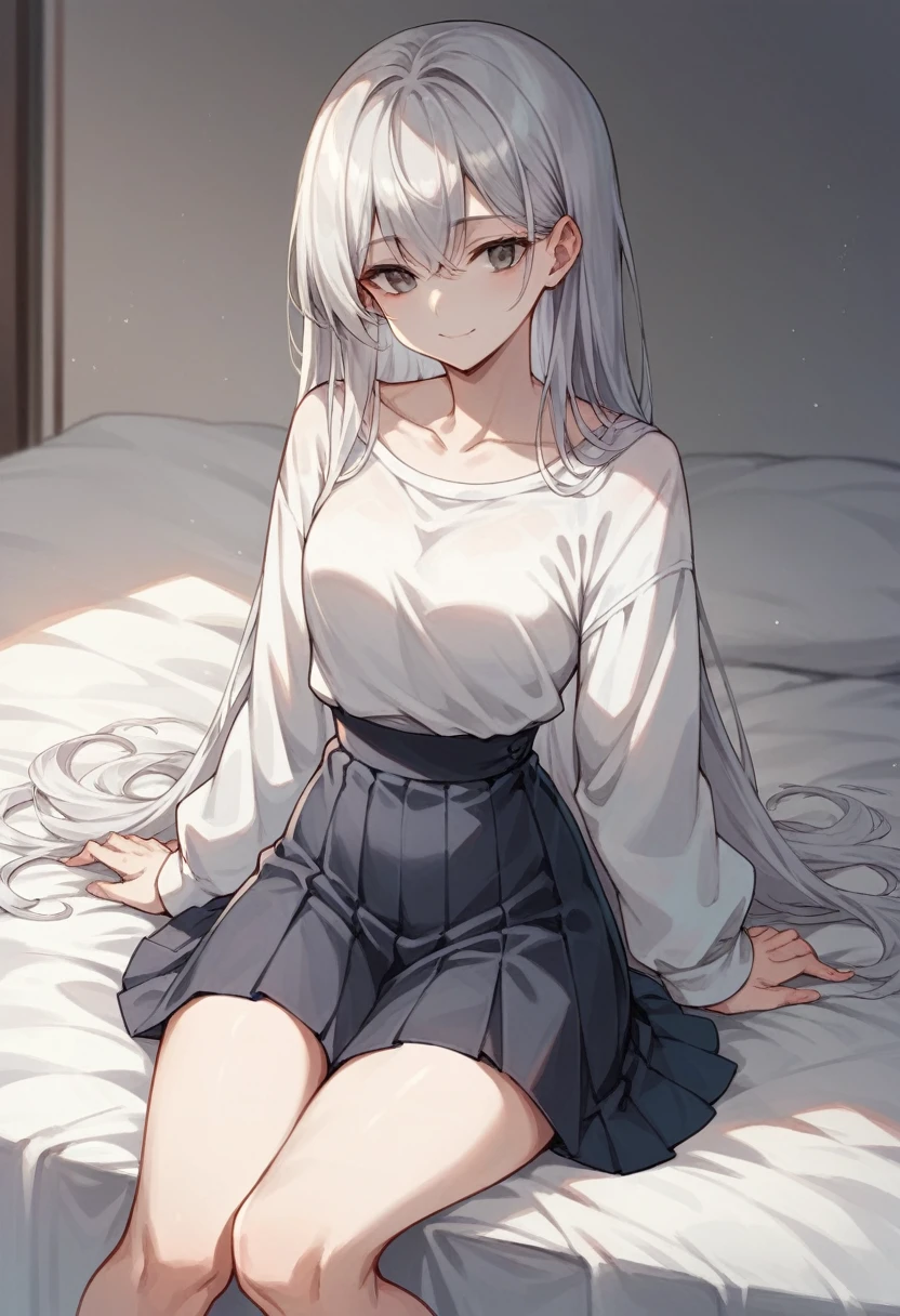 Girl sitting on bed（The girl has long silver hair　Shoulder length　She is wearing a white shirt and a black pleated skirt　Gray Eyes　White skin　tall　With bangs　Beautiful face　Thin legs　Small waist, slightly large chest　Smiling　Silver Hair　Anime Style ）