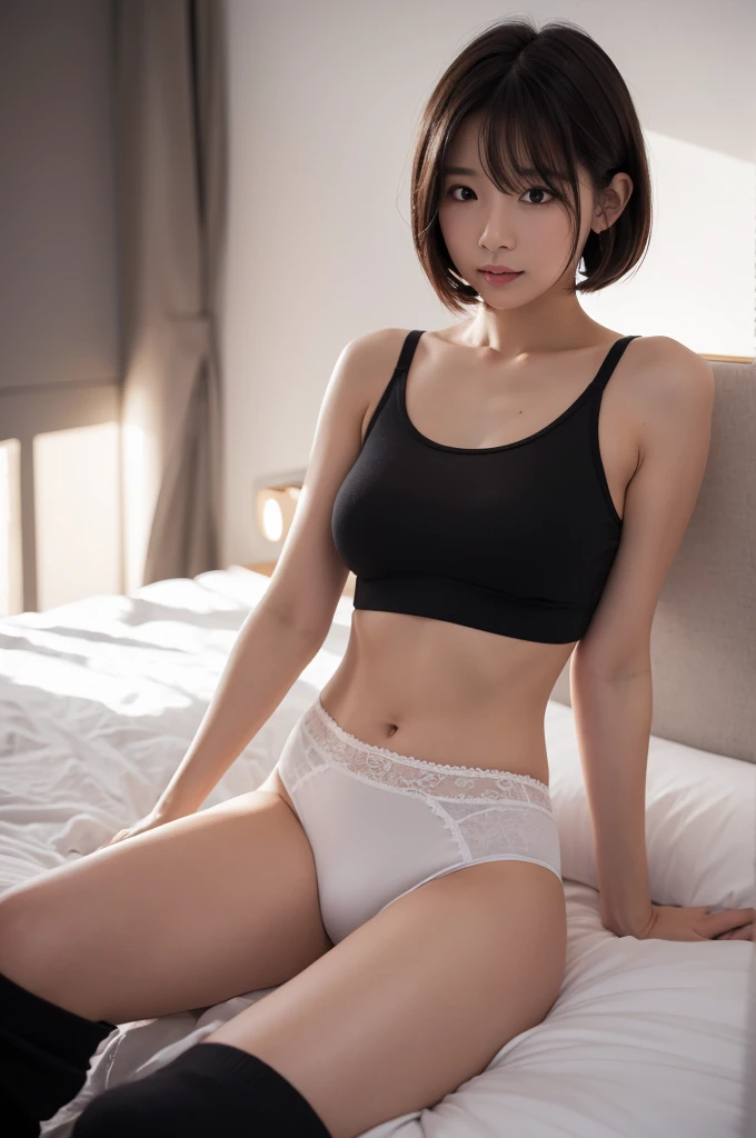 On the bed sat a woman in a gray bra blouse, Young sensual gravure idol, young pretty gravure idol, Young skinny gravure idol, Japanese model, Young gravure idol, Realistic young gravure idol, Attractive pose, a variety of poses, Good young girl, posing in the bedroom, Open V chest clothes, sophisticated gravure idol, Small breasts