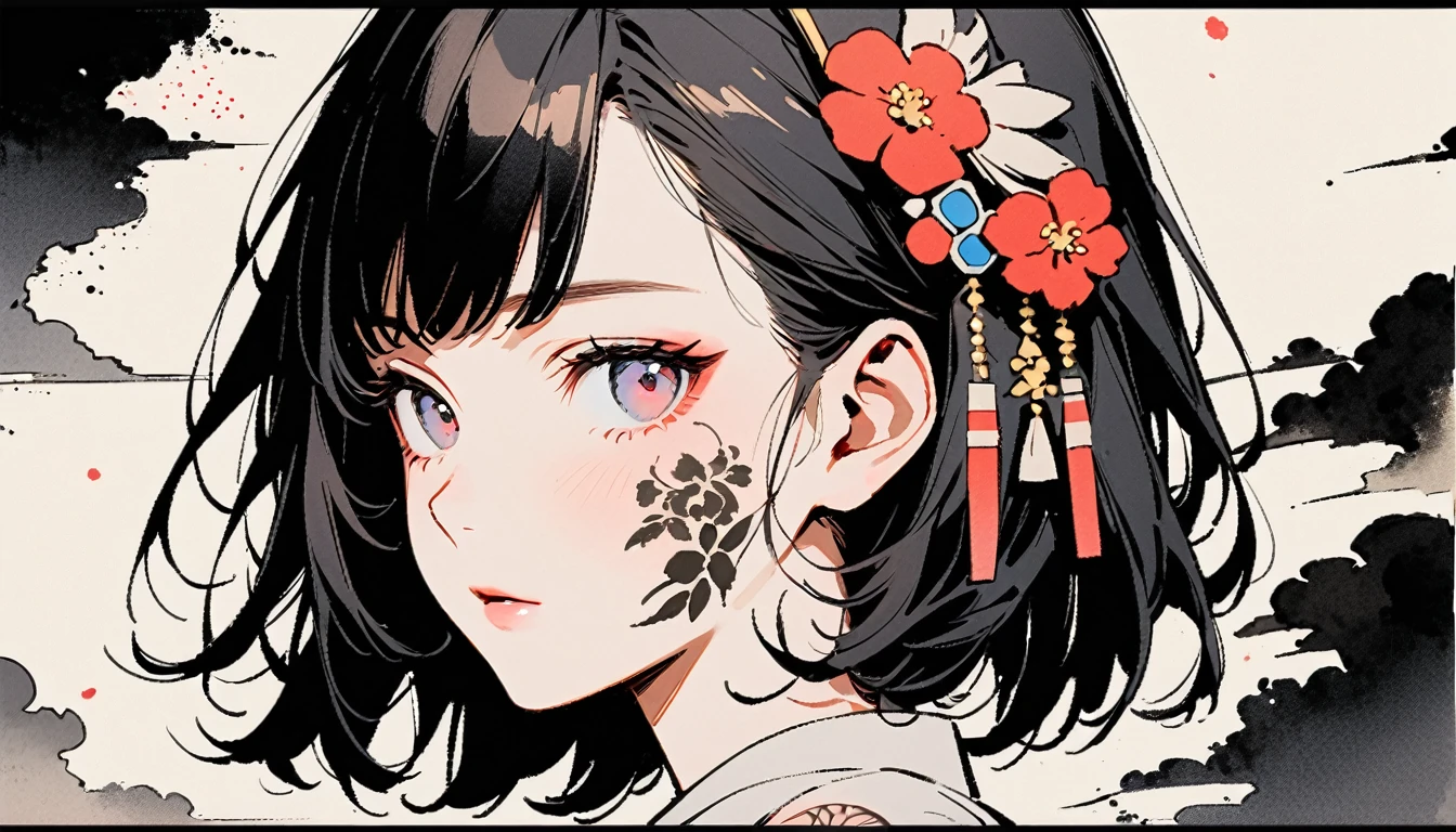 (((Ink Painting))), Fashion portrait color photos, (((1 girl))), (((Tattoo on face))), (((Gorgeous hair accessories))), Japanese style headphones, face close-up, Japanese beautiful girl, Black Hair, Delicate and precise, Modern ukiyo-e style, gold
