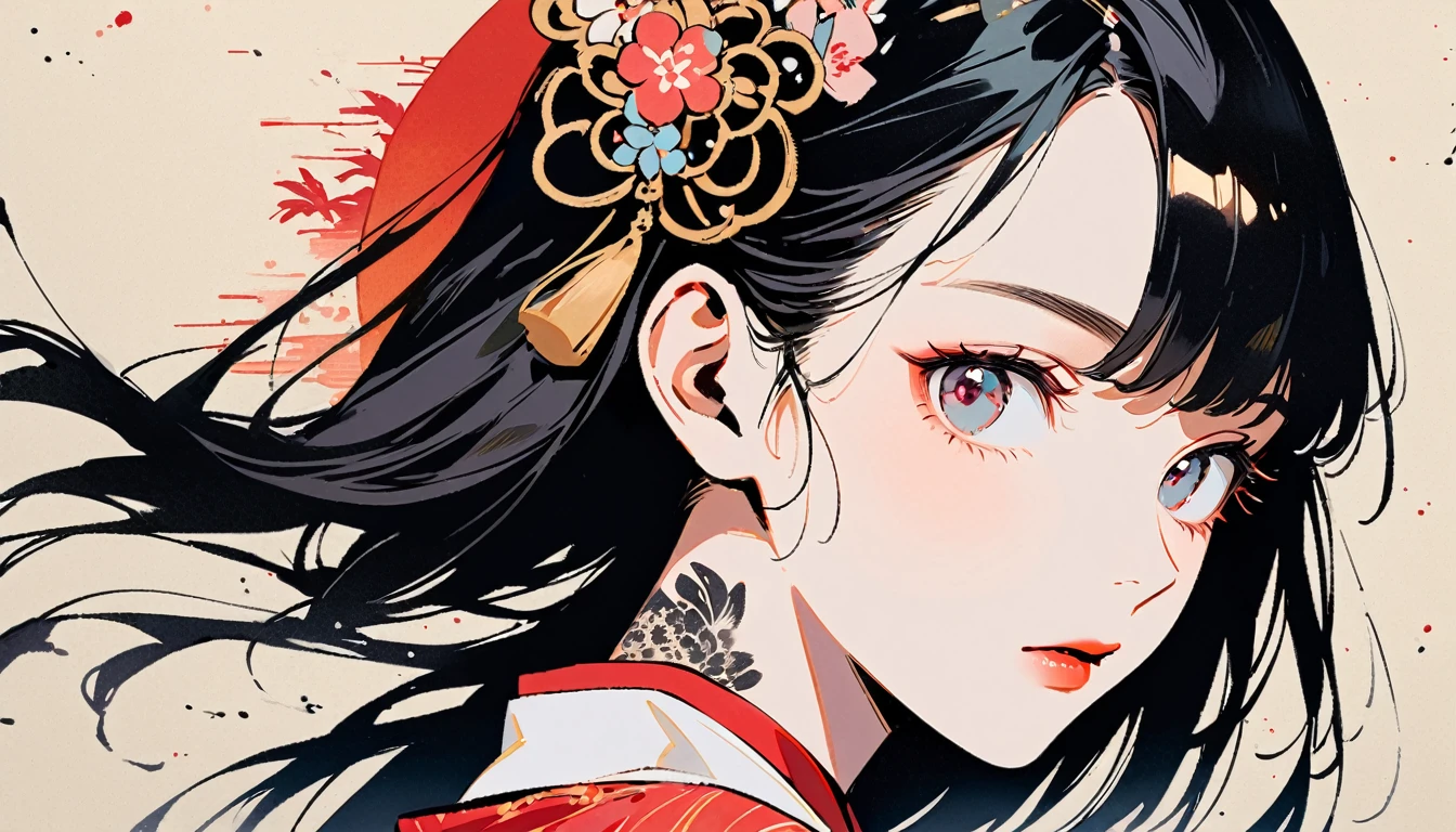 (((Ink Painting))), Fashion portrait color photos, (((1 girl))), (((Tattoo on face))), (((Gorgeous hair accessories))), Japanese style headphones, face close-up, Japanese beautiful girl, Black Hair, Delicate and precise, Modern ukiyo-e style, gold