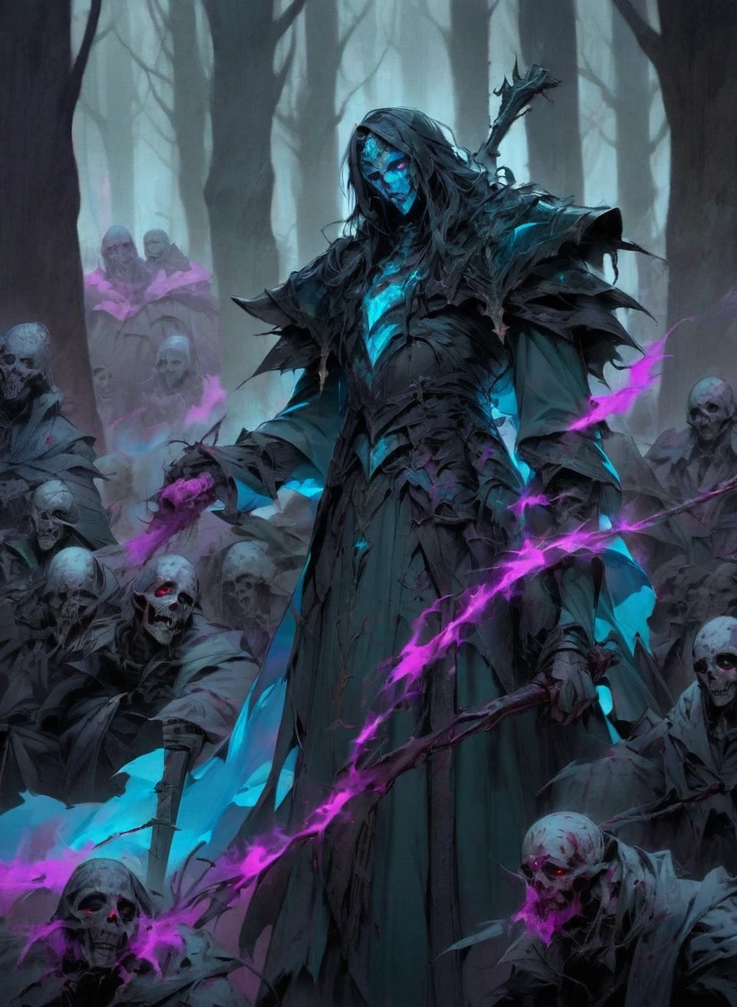 A warlock's patron, an undead lord, with glowing blue eyes, in a dark forest, surrounded by a cold, cold color palette, a deadbody army in the background, wearing a bloodstained dress with a blood aura, The flesh is rotting.
