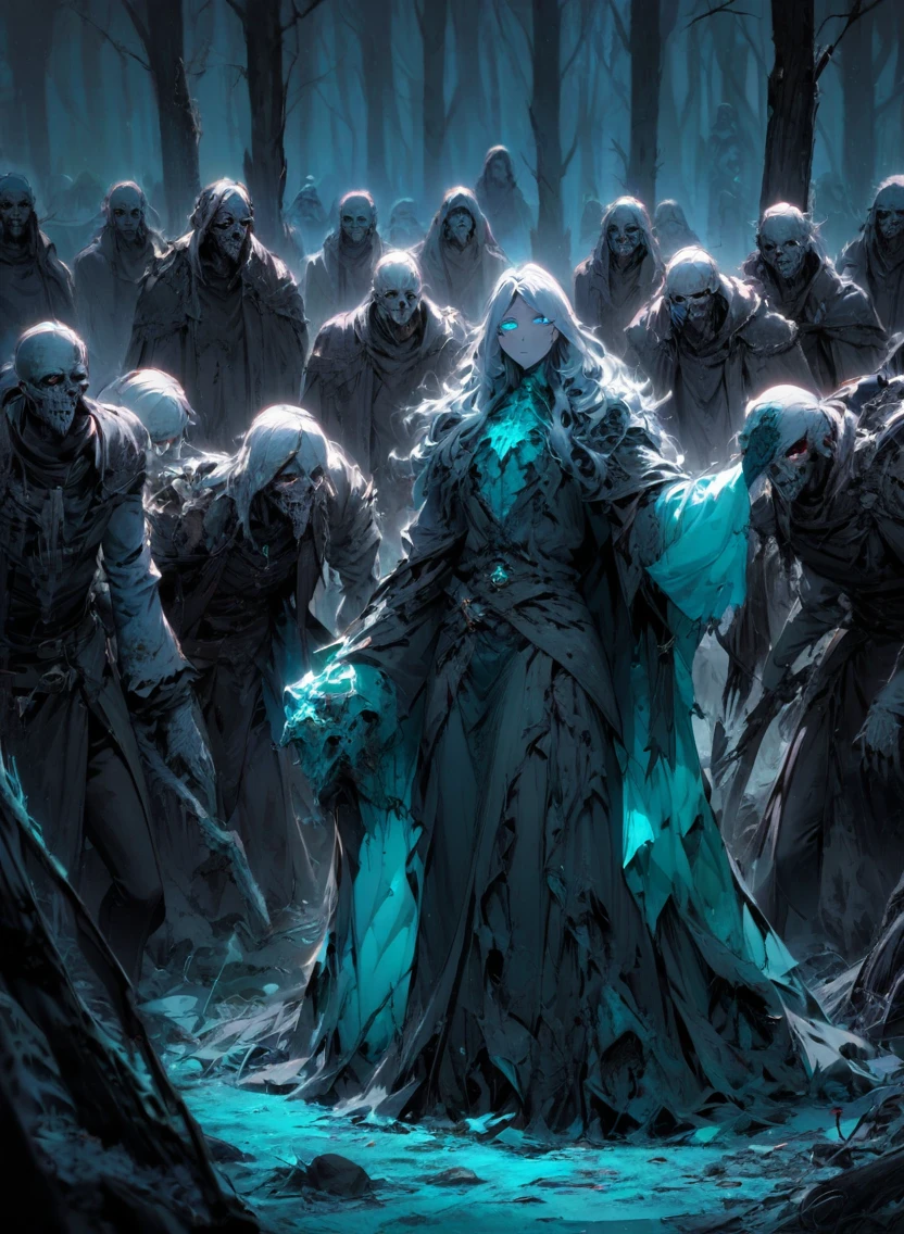 A warlock's patron, an undead lord, with glowing blue eyes, in a dark forest, surrounded by a cold, cold color palette, a deadbody army in the background, wearing a bloodstained dress with a blood aura, The flesh is rotting.