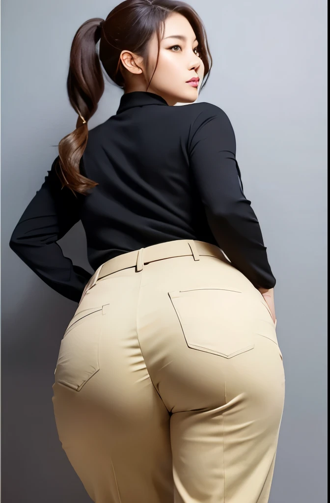 masterpiece,Highest quality,Beige trousers,Black clothes,Japanese,30-year-old woman,Protruding buttocks,I can see your face,Looking at the camera,Highly detailed face,ponytail,Big Ass,profile
