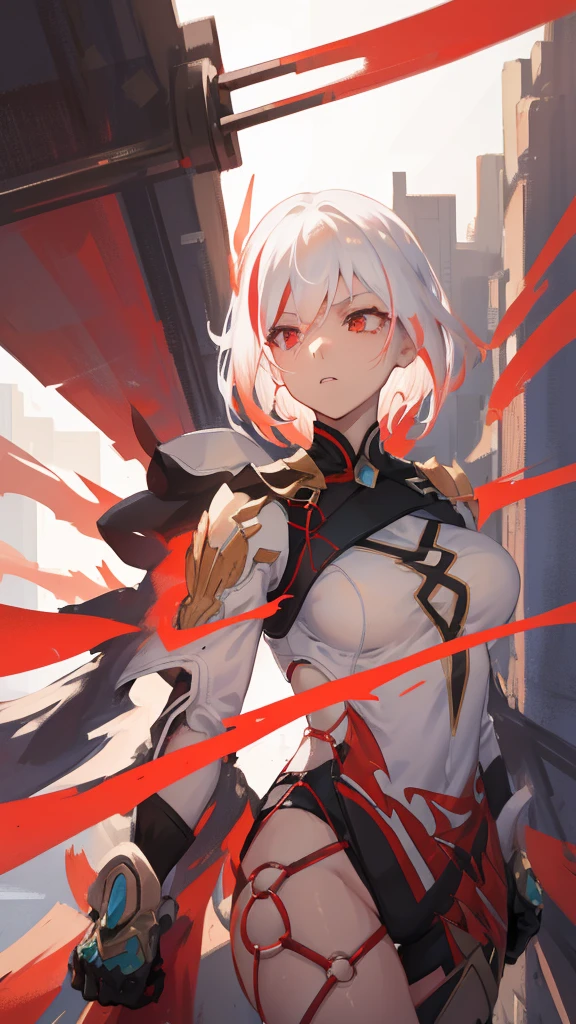 short hair, white hair with a red stripe, cinematic, HD, detailed, dynamic, striking, Awesome, 1girl, fullbody, splashart, medium breasts, medium rear, medium , medium ass.