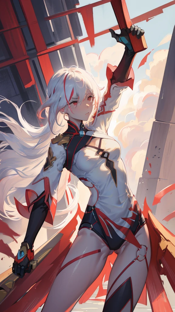 short hair, white hair with a red stripe, cinematic, HD, detailed, dynamic, striking, Awesome, 1girl, fullbody, splashart, medium breasts, medium rear, medium , medium ass.