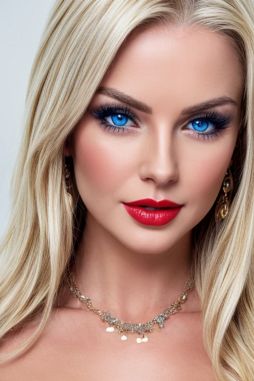 Beautiful skinny girl, elongated face and thin chin, freckles, blonde, blue eyes, red lipstick, beautiful makeup, white skin, cleavage