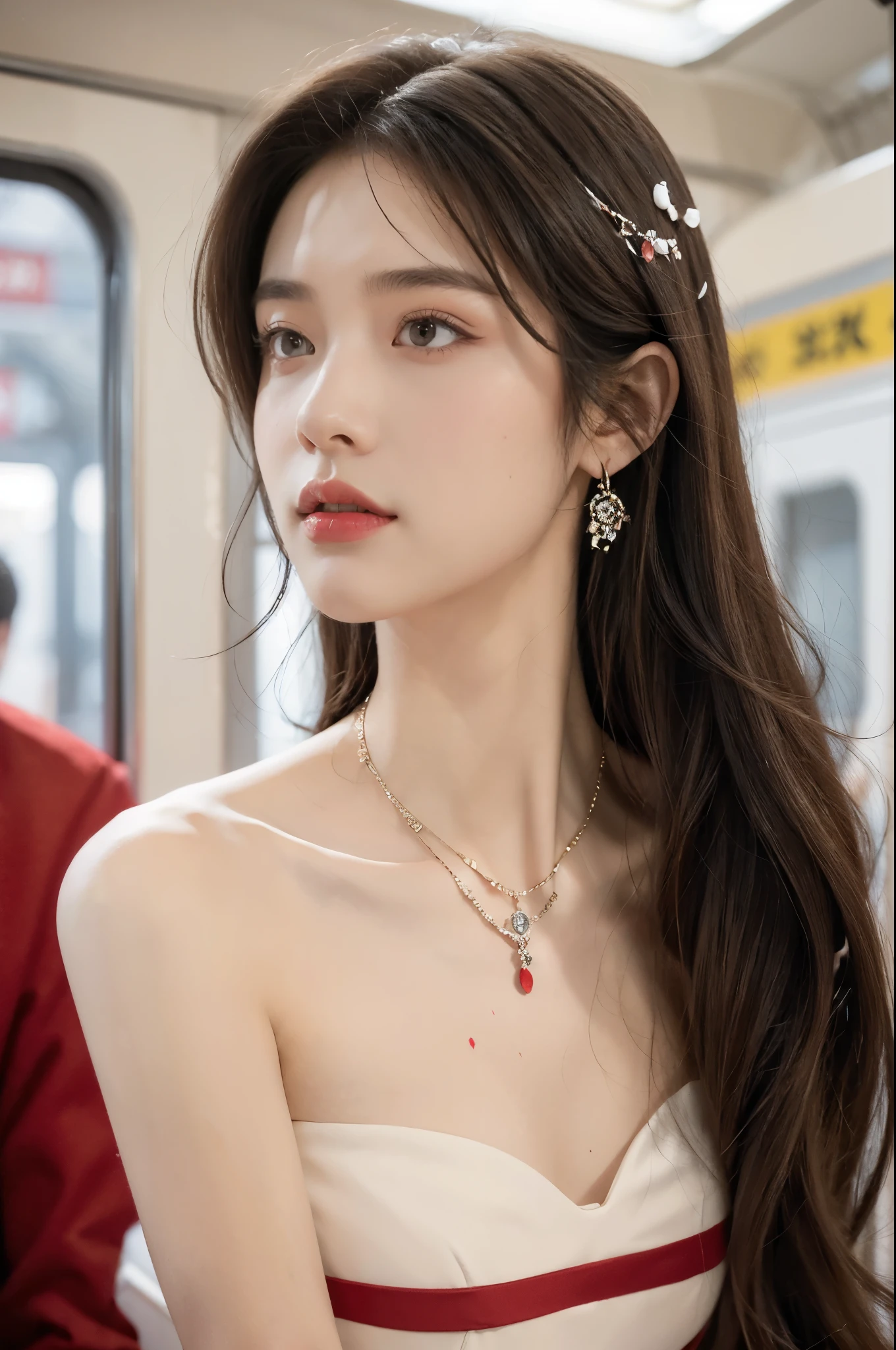 (((best quality))),(((ultra detailed))),(((masterpiece))),illustration,(a stunning girl,solo),(shoulder length straight hair:1.2),((earrings,necklace)),((slim,thin)),((small breasts,flat chest)),(standing:1.3), ((awkwardly,painful,embarrassed)),(In modern high-speed railway carriages:1.3),(strapless white bra splattered with red paint stains:1.3),(surrounded by crowded crowds:1.3),((from front,close-up of face))