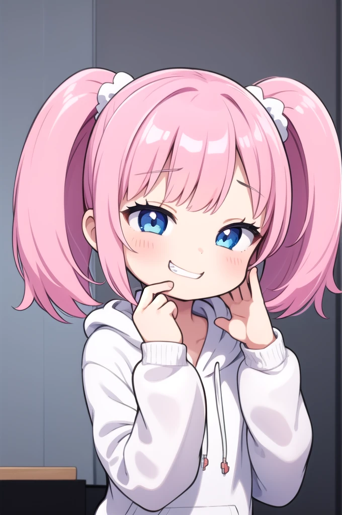 1girl, grin, :3, twintails, upper body, hand to own mouth, looking at viewer, half-closed eyes, hoodie, pink hair, blue eyes,