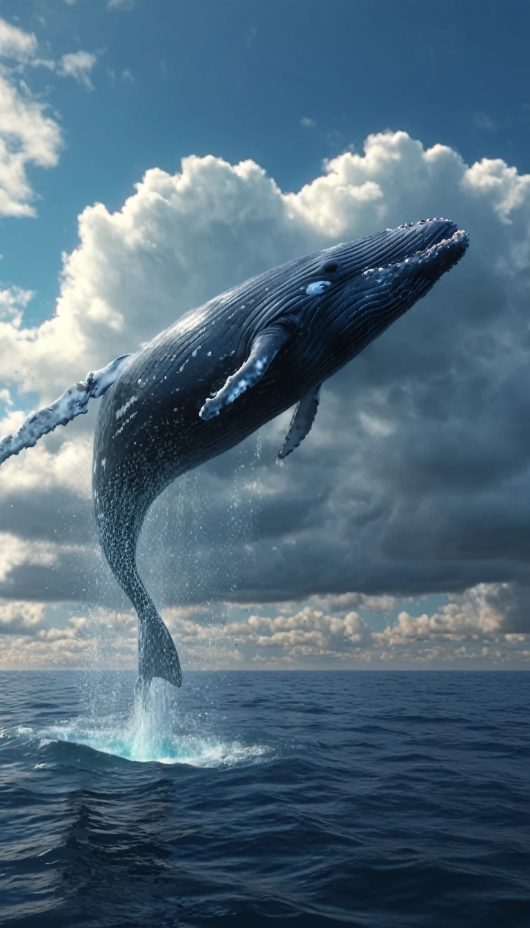 a flying whale in the sky, extremely detailed, hyper realistic, 8k, (best quality,4k,8k,highres,masterpiece:1.2),ultra-detailed,(realistic,photorealistic,photo-realistic:1.37),dramatic lighting,cinematic composition,stunning vibrant colors,dramatic clouds and sky,intricate detailed whale ,lifelike whale texture,flowing whale movements,magical fantasy atmosphere,abstract surreal elements,professional photography,DSLR camera