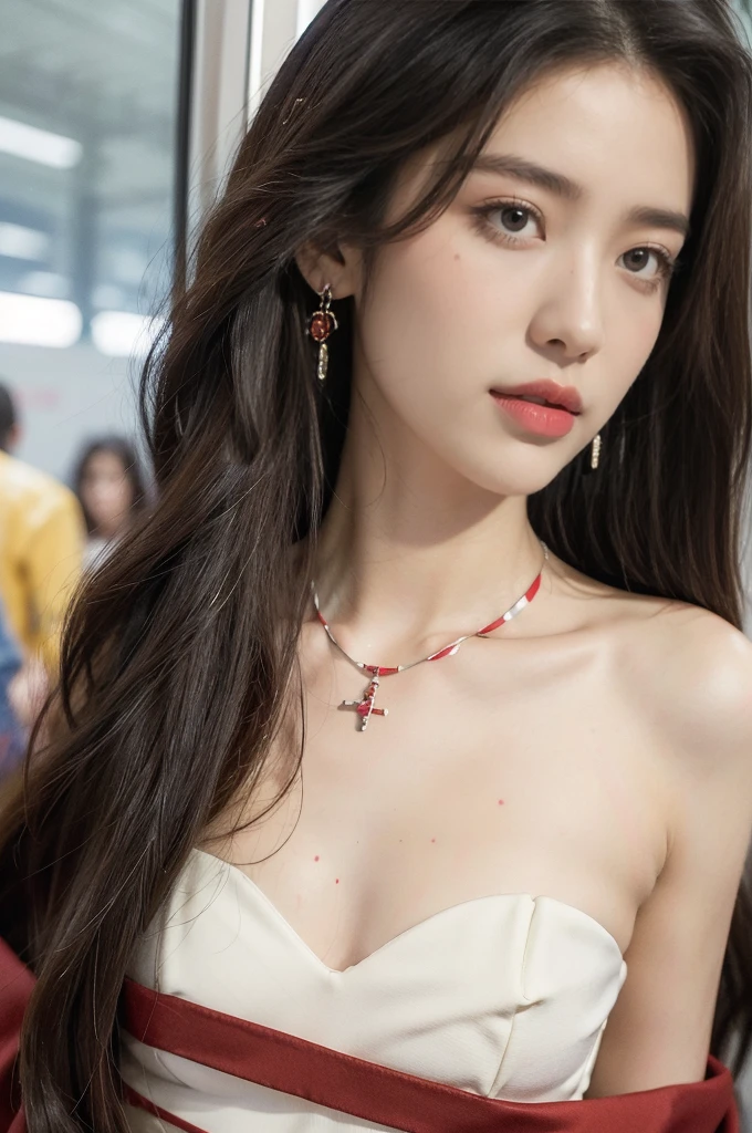 (((best quality))),(((ultra detailed))),(((masterpiece))),illustration,(a stunning girl,solo),(shoulder length straight hair:1.2),((earrings,necklace)),((slim,thin)),((small breasts,flat chest)),(standing:1.3), ((awkwardly,painful,embarrassed)),(In modern high-speed railway carriages:1.3),(strapless white bra splattered with red paint stains:1.5),(surrounded by crowded crowds:1.3),((from front,close-up of face))
