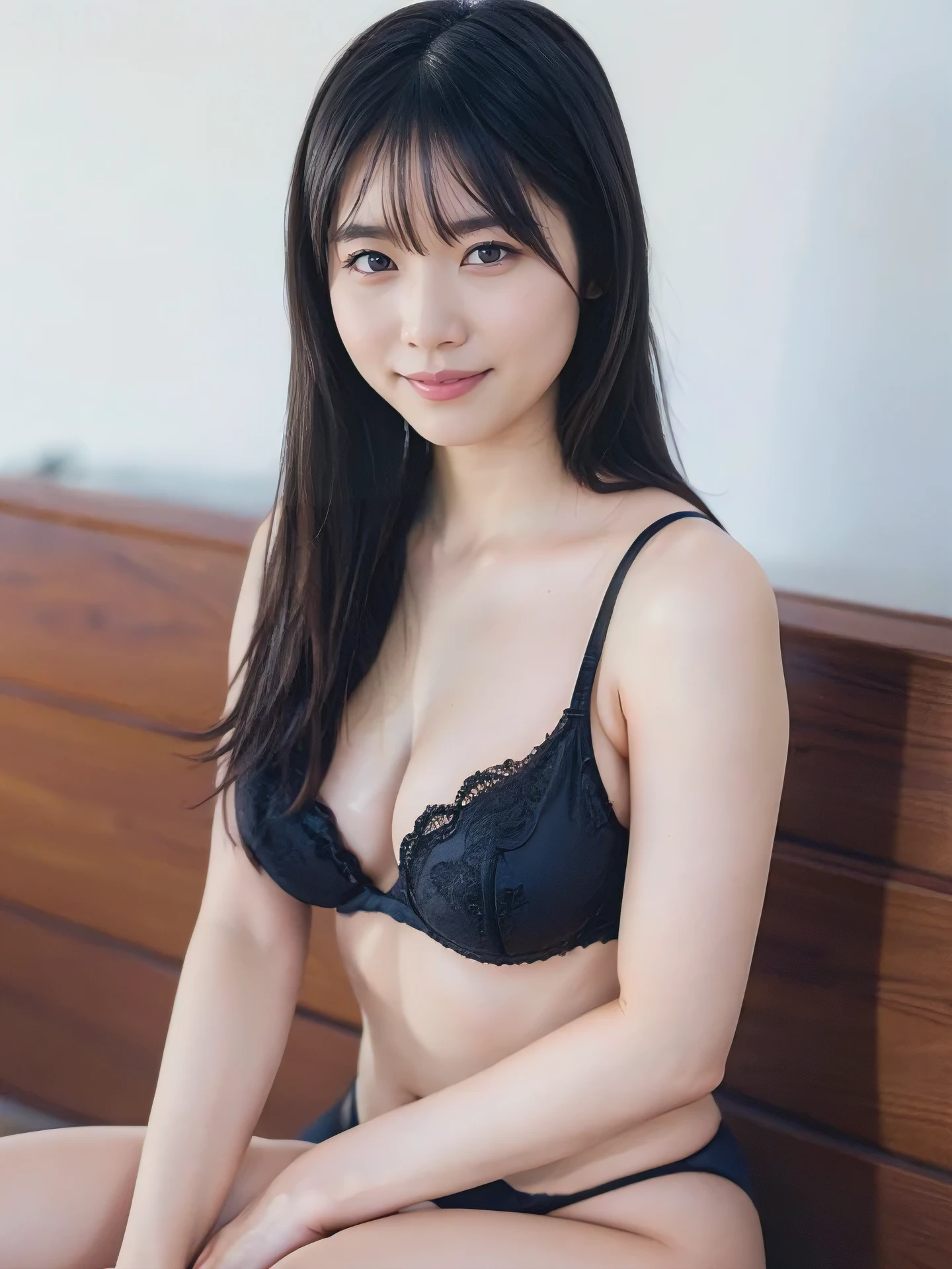 Black Lingerie, lingerie, thigh-highs, 1girl, 25 years old woman, (((I can see your thighs))), ((Hands behind the body)), ((I can see your feet)), cute face, beautiful face, perfectly detailed face, Lingerie, (looking at viewer), Simple Background, ((white background)), ((white wallpaper)), Sexy pose, Whole body, The whole body is visible, smile, Indoor, photorealistic, (bokeh), feet out of frame, UHD, anatomically correct, highres
