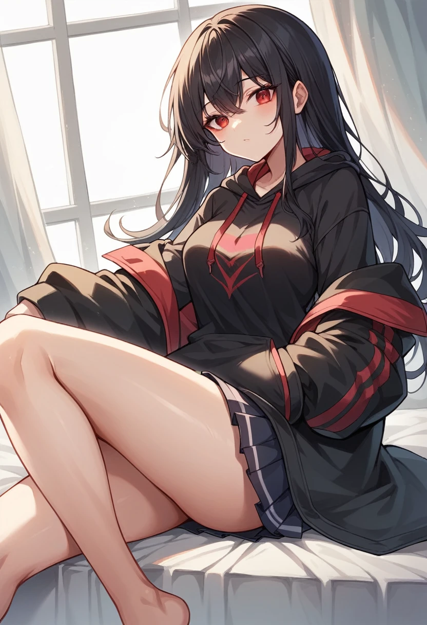 A girl with long black hair is sitting on the bed He is wearing a long coat over a plain black hoodie with a hood Red eyes She is wearing a black pleated skirt tall With bangs Beautiful face Thin legs Smooth, long, straight hair Long and narrow face With waistline A little bit of cleavage is visible Keeping your left hand in your pocket Anime Style hair longer than shoulders Crossing your legs