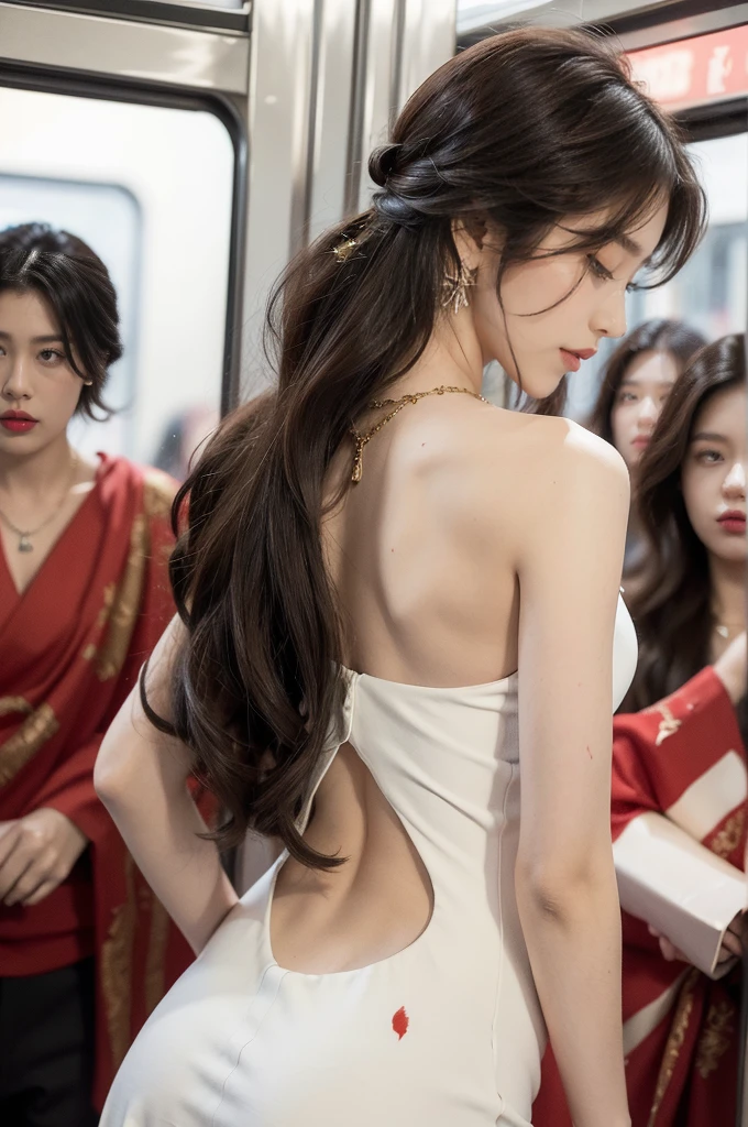 (((best quality))),(((ultra detailed))),(((masterpiece))),illustration,(a stunning girl,solo),(shoulder length straight hair:1.2),((earrings,necklace)),((slim,thin)),((bare back,towering hips,butt crack)),(standing:1.3), ((awkwardly,painful,embarrassed)),(In modern high-speed railway carriages:1.3),(white dress splattered with red paint stains:1.3),(surrounded by crowded crowds:1.3),((from back,upper body))