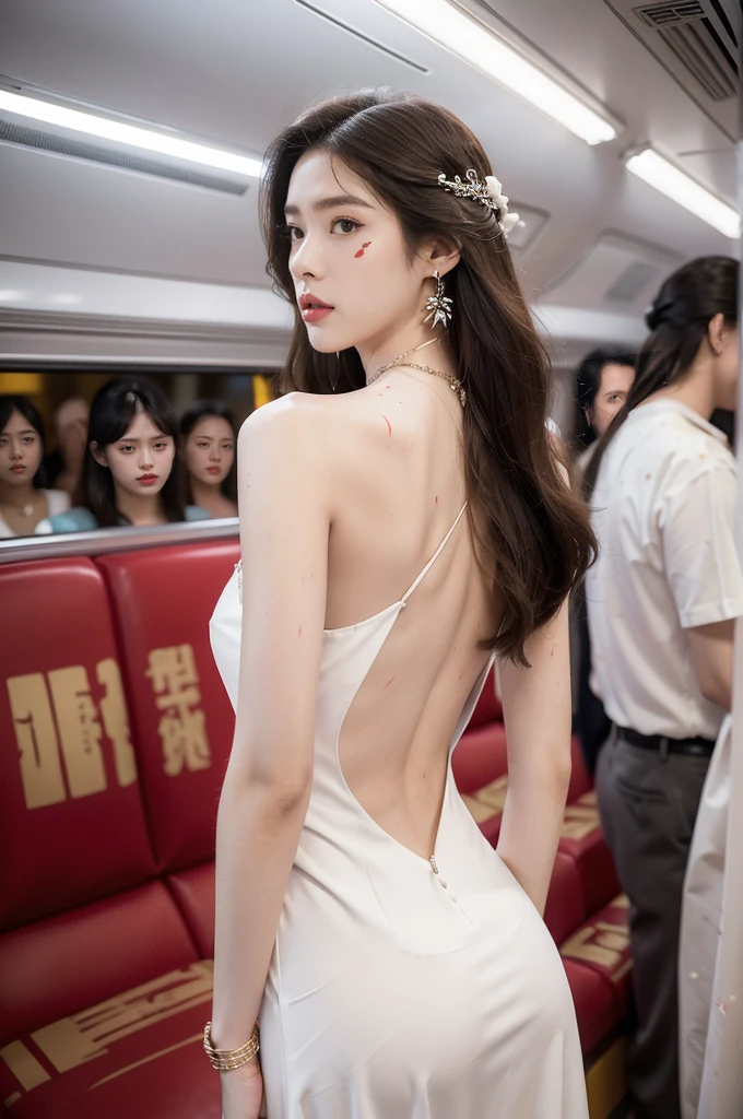 (((best quality))),(((ultra detailed))),(((masterpiece))),illustration,(a stunning girl,solo),(shoulder length straight hair:1.2),((earrings,necklace)),((slim,thin)),((bare back,towering hips,butt crack)),(standing:1.3), ((awkwardly,painful,embarrassed)),(In modern high-speed railway carriages:1.3),(white dress splattered with red paint stains:1.3),(surrounded by crowded crowds:1.3),((from back,upper body))