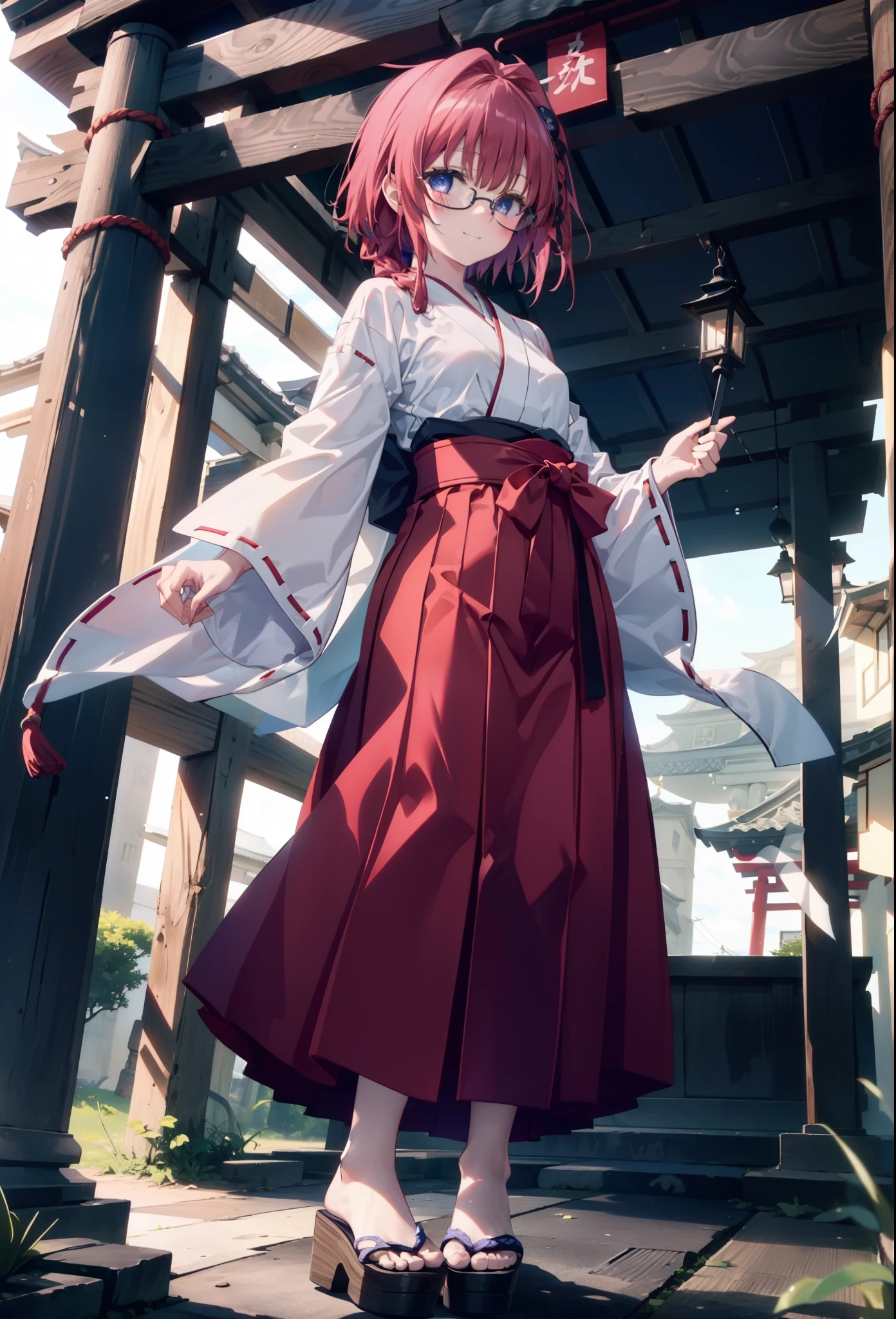 Meia Kurosaki,Meia Kurosaki,Redhead,Long Hair,Purple eyes,Glasses, (Small breasts:1.2),Shrine maiden, 白いkimono, kimono, As with the skirt, Wide sleeves, Long sleeve, Red too,Long skirt,White tabi,Sandals,smile,blush,Sleeves edged with ribbon, whole bodyがイラストに入るように,
break looking at viewer,whole body,
break outdoors, shrine,torii,
break (masterpiece:1.2), Highest quality, High resolution, unity 8k wallpaper, (shape:0.8), (Beautiful attention to detail:1.6), Highly detailed face, Perfect lighting, Extremely detailed CG, (Perfect hands, Perfect Anatomy),