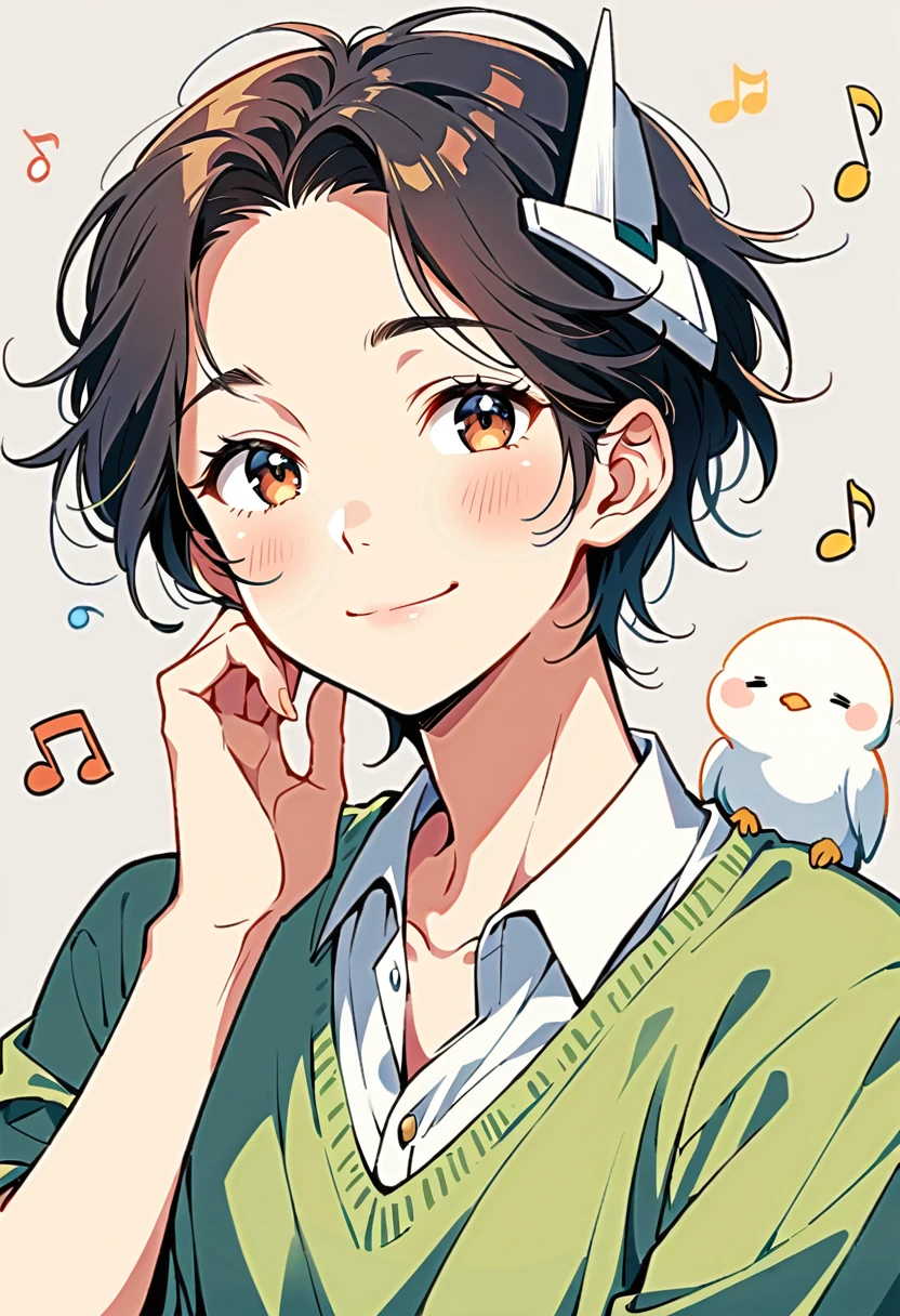 One man,Egret Headgear,Short black hair,Cute smile,A background of scattered musical notes