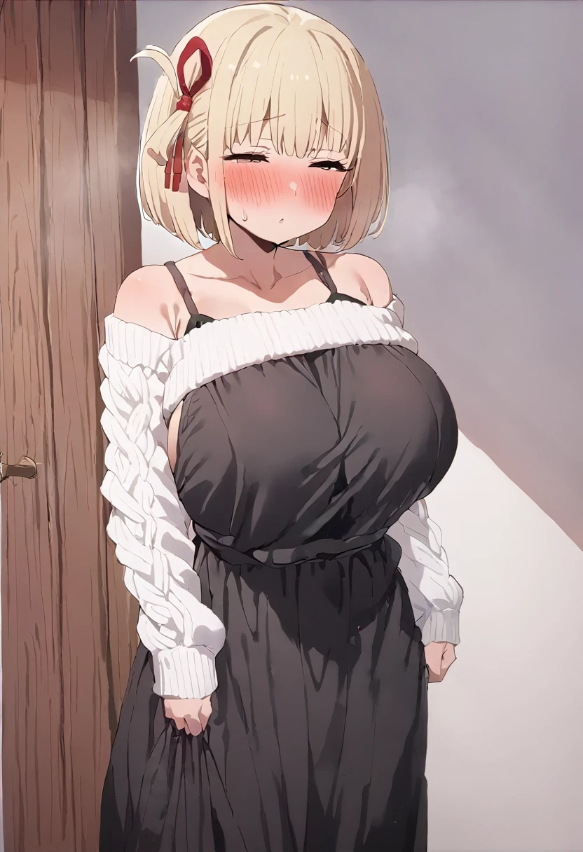 masterpiece,Highest quality,anime,One girl,blush, Nishikigi chisato, bob cut, hair ribbon、Bedroom、, blush、Big Breasts、Half-closed eyes、Are standing、,(White long sleeve warp knit sweater:1.5,Wear a black two-corner camisole long dress:1.2)