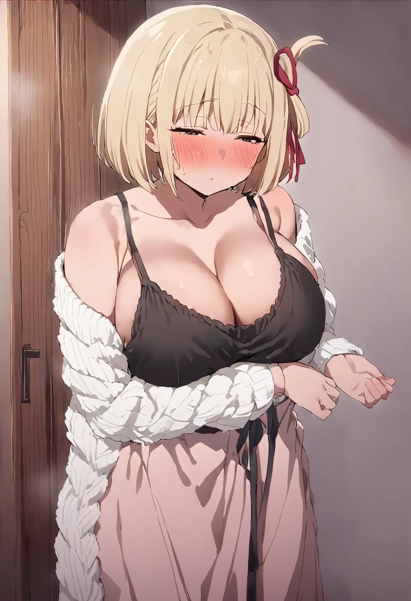 masterpiece,Highest quality,anime,One girl,blush, Nishikigi chisato, bob cut, hair ribbon、Bedroom、, blush、Big Breasts、Half-closed eyes、Are standing、,(White long sleeve warp knit sweater:1.5,Wear a black two-corner camisole long dress:1.2)