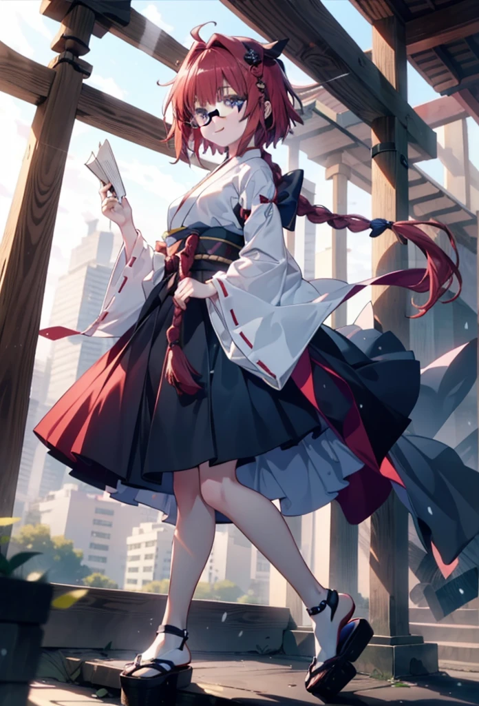 Meia Kurosaki,Meia Kurosaki,Redhead,Long Hair,Long braids,Purple eyes,Glasses, (Small breasts:1.2),Shrine maiden, 白いkimono, kimono, As with the skirt, Wide sleeves, Long sleeve, Red too,Long skirt,White tabi,Sandals,smile,blush,Sleeves edged with ribbon, whole bodyがイラストに入るように,
break looking at viewer,whole body,
break outdoors, shrine,torii,
break (masterpiece:1.2), Highest quality, High resolution, unity 8k wallpaper, (shape:0.8), (Beautiful attention to detail:1.6), Highly detailed face, Perfect lighting, Extremely detailed CG, (Perfect hands, Perfect Anatomy),