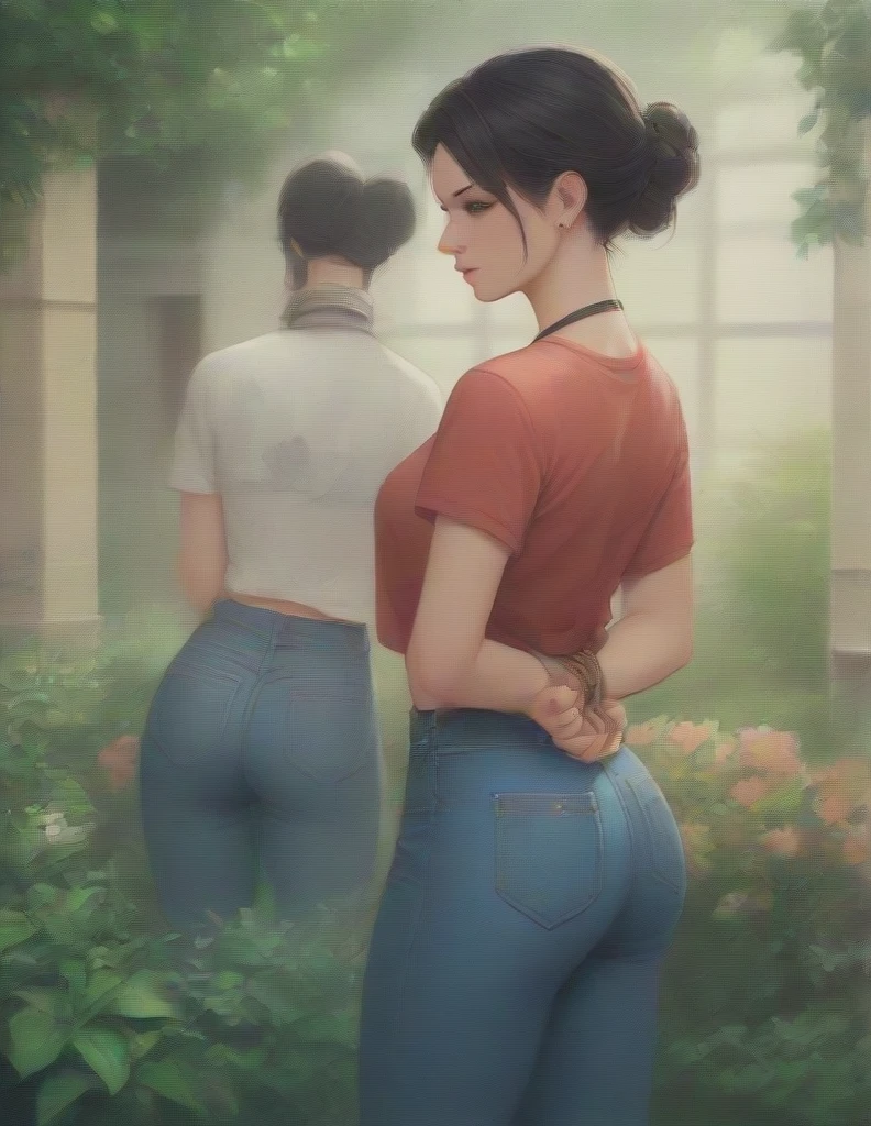 Masterpiece , highly detailed , best quality , perfect face , a beautiful women with black hairs wearing short sleeves red printed t-shirt and blue jeans , in garden , arms bound behind back with rope  , looking at camera 