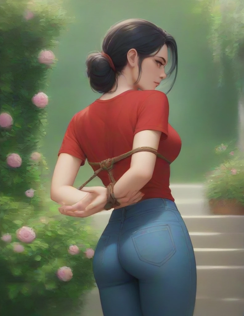 Masterpiece , highly detailed , best quality , perfect face , a beautiful women with black hairs wearing short sleeves red printed t-shirt and blue jeans , in garden , arms bound behind back with rope  , looking at camera 