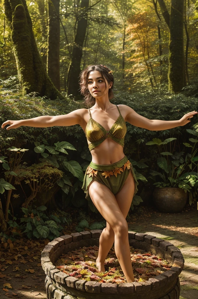 A whimsical miniature figure composed of delicately arranged autumn leaves, poised in a carefree dance on the rim of a weathered, moss-covered terracotta pot, set against a lush, vibrant forest backdrop, where dappled sunlight filters through the canopy above, casting intricate shadows. The overall aesthetic is ethereal, with warm, earthy tones of sienna, umber, and olive green, infused with hints of emerald and golden light, evoking a sense of wonder and enchantment, as if plucked from a fantastical realm.