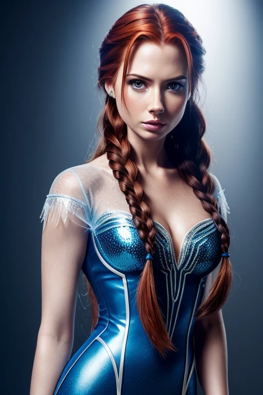 Gorgeous european woman with braided hair, wet hair, hair slicked back, combed straight back, slick hair, streaked auburn hair, seductive pose, karen gillan, dressed in a blue elsa from frozen costume, cleavage, solid dark grey background