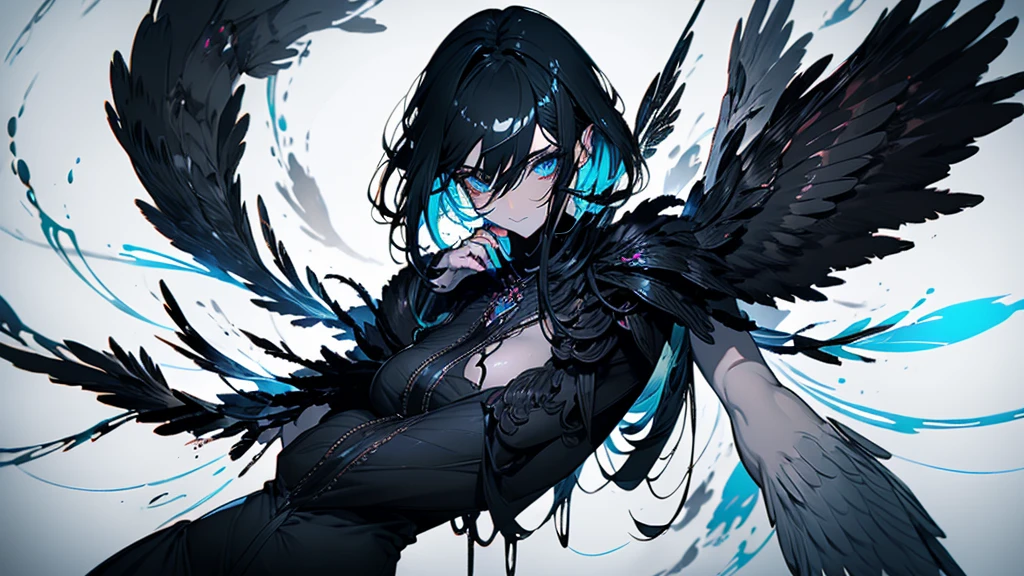 A black demon standing in a dark temple。Black feathers grow