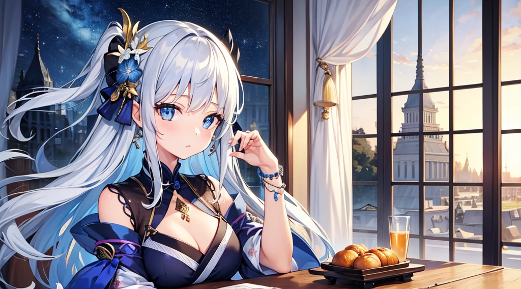 Highest quality, masterpiece, figure, wallpaper,One girl, Beautiful detailed girl, Highly detailed eyes and face, Beautiful attention to detail, Shine, View your viewers, Blue Eyes, Side Up,Beautiful silver hair ,crisp finger, clear background, deep night、Big earrings、bracelet,kimono,