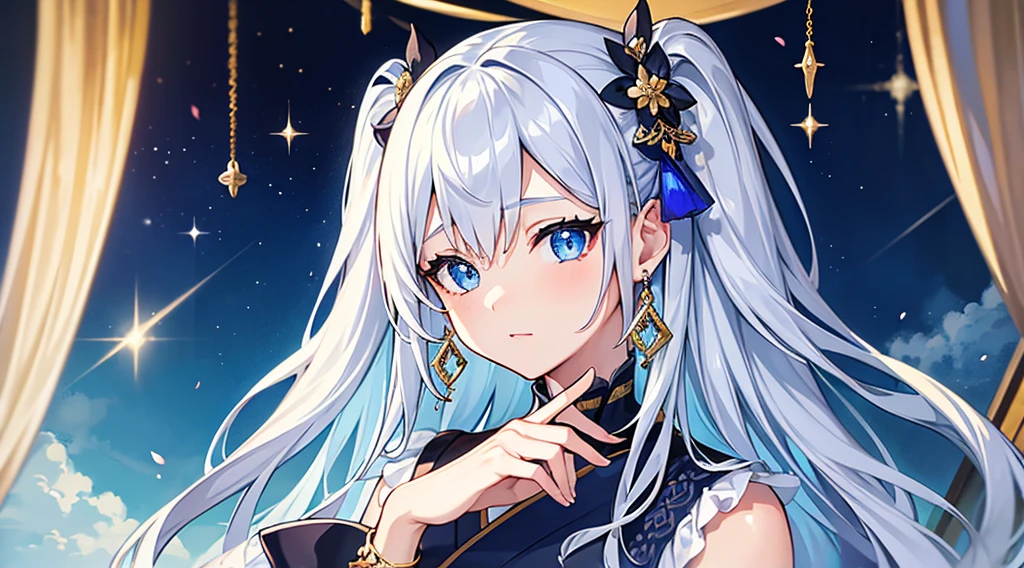 Highest quality, masterpiece, figure, wallpaper,One girl, Beautiful detailed girl, Highly detailed eyes and face, Beautiful attention to detail, Shine, View your viewers, Blue Eyes, Side Up,Beautiful silver hair ,crisp finger, clear background, deep night、Big earrings、bracelet,kimono,