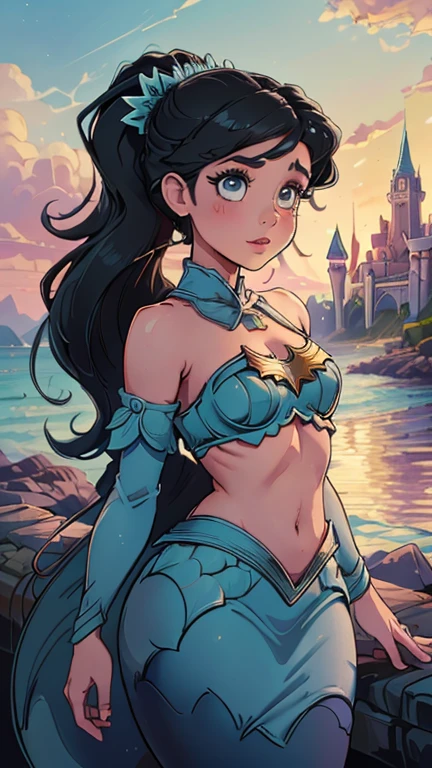 (Dominican: Caribbean:1girl:Melody,Superhero), (extremely detailed CG unit 8k wallpaper),(master part), (best quality), (ultra detali), (best illustration),(melhor ombre), cowboy shot, (Sharp eyeliner, ombre, detailedeyes:1), Disney Castle background, ,break , (star15escola:1.2), hair ornament,long hair ,black hair, Cameltoe,ponytail, blue eyes, mermaid, monster girl