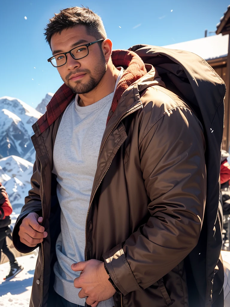 crew cut, (((full body))), mature man, [slightly fat], asian man, brown eyes, rounded face, glasses, slightly balding, (big shoulders), (((stubbles, Short beard))), (((full beard))), (Beautiful eyes:1.3), (Detailed face:1.3), cowboy shot,  [skiing with empty hands], snow, [blue-golden theme], (dynamic pose), [Riding on snowboard],
(8K, HDR, best quality, highres, absurdres:1.2), specular lighting, radiosity, (establishing shot), (motion blur),