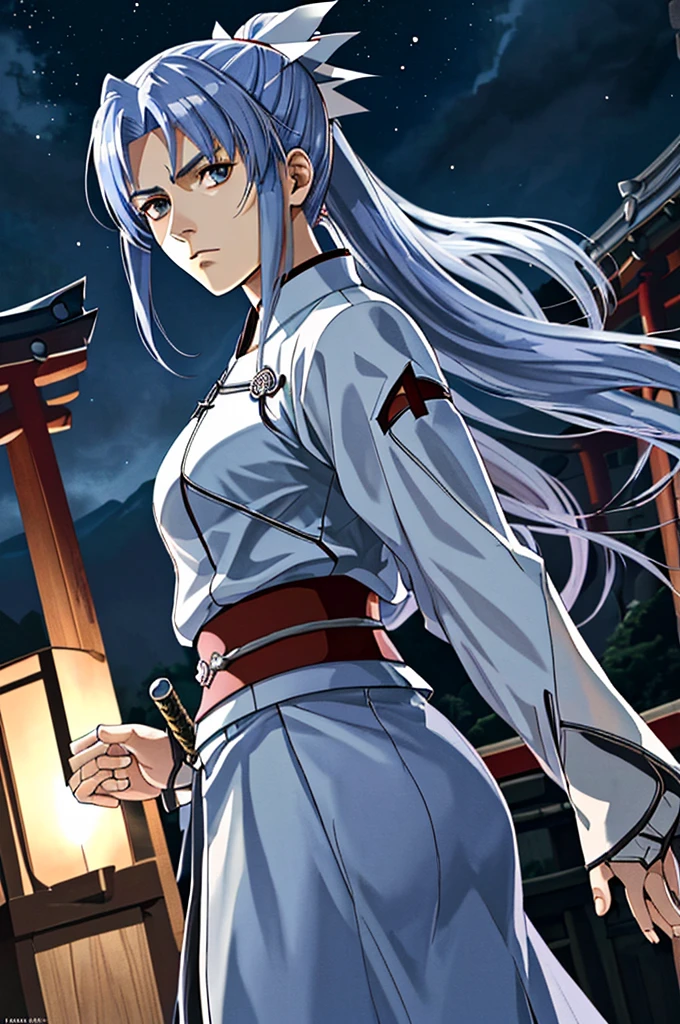 Highest quality,High resolution, ((Fate stay night)) ,(Assassin),One person,Zuo々Kojiro Ki,White kimono,(blue_coat),male,One personで,youth,strongest,Anime Style,ponytail,(ダークblue_Hair Color)(Night Sky_background),(Limbs),(Full Finger),(Accurate fingertips), (The finer details), (Super detailed),(Japanese sword:),4K,(high resolution),whole body, (Front angle), Looking at the camera,masterpiece,(Subtle details),(Intricate details),Octane Rendering,(Hyper Detail),