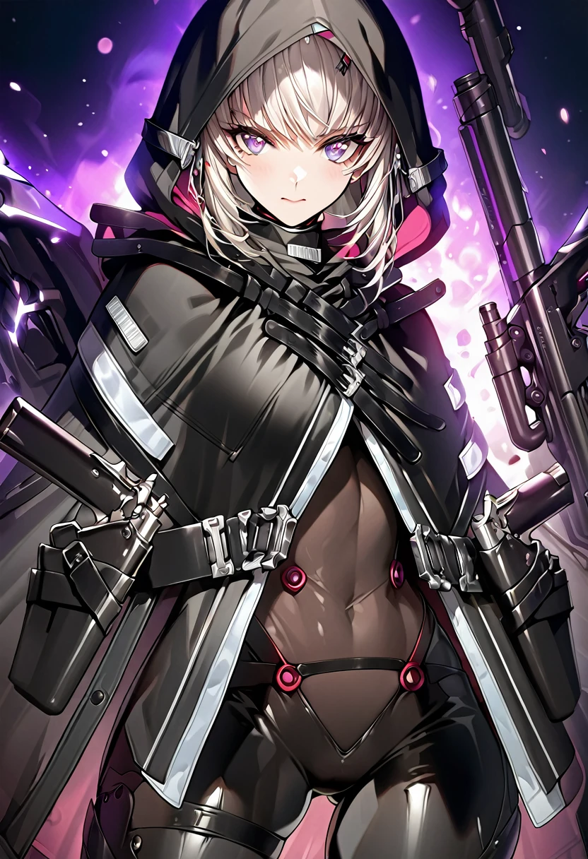 absurdres, by famous artist, exquisite, cowboy shot, hood, jacket, body suit, black clothes, black wear, weapon,(((purple eyes))), masterpiece, super fine illustration, ultra high res, masterwork, best quality, cg unity 8k wallpaper, official art, ultra detailed, finely quality eyes, (((accurate face parts))), (((perfect face, perfect eyes))), ultra detailed beautiful face, ultra detailed beautiful eyes, (((clear eyes, light eyes))), (((even eyes, symmetrical eyes))), (((breasts))), gleaming skin, oil skin, shiny skin, (((black pantyhose, black tights))), beautiful and aesthetic, High quality, extremely detailed, extremely detailed cg unity 8k wallpaper, super detailed skin, hdr, highers, extremely detailed beautiful face, 16k, finely detail, Amazing, top quality, distinct image, vibrant details, professional art, finely detailed face, a face of perfect proportion, high detailed face, beautiful, extremely detailed beautiful girl, ultra detailed beautiful girls, absolutely resolution, illustration, increase cinematic lighting quality, exquisite detail, hyper detailed, high detail, (((shiny eyes))), (((beautiful eyes))),