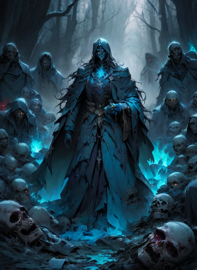 A warlock's patron, an undead lord, with glowing blue eyes, in a dark forest, surrounded by a cold, cold blue color palette, a deadbody army in the background, wearing a bloodstained dress with a blood aura, The flesh is rotting.