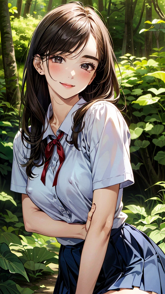(masterpiece:1.2, top-quality, ultra high res, ultra detailed), (realistic, photorealistic:1.4), beautiful illustration, (natural side lighting, movie lighting),
looking at viewer, (face focus, upper body), 1 girl, japanese, high school dirl, perfect face, (perfect anatomy), cute and symmetrical face, baby face, shiny skin, slender
(long hair:1.5, straight hair:1.2, sark brown hair), parted bangs, grey eyes, long eye lasher, (medium breasts),
beautiful hair, beautiful face, beautiful detailed eyes, beautiful clavicle, beautiful body, beautiful chest, beautiful thigh, beautiful legs,
((detailed cloth texture, short sleeve white collared shirts, navy blue pleated mini skirt, red neck ribbon), , ,
(beautiful scenery), hands on chest, (lovely smile, upper eyes), In a wooded area, amidst thick vegetation, a girl is lying on her back with her legs wide open, holding a large dog between her legs. The girl's breasts are large and her nipples are standing out, even over her clothes.
Her face is bright red, her brow is furrowed, her mouth is open, and she looks delighted.