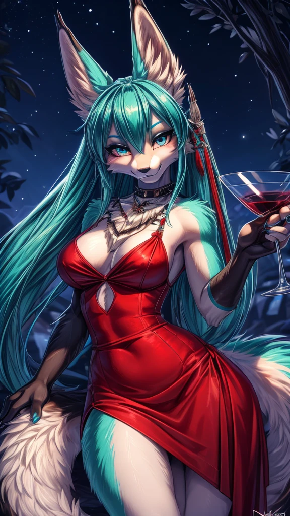 Miku Hatsune 19 years old agregar alta definición_detalle:1, pelaje azul,Orejas de Kitsune, tatuaje tribal agregar_detalle:1, sensual pose, sensual red dress add_detai, in night, con una copa de vino en la mano
