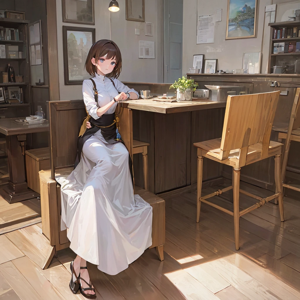 (8k, best quality, masterpiece:1,2), (realistic, photo-realistic:1,37), top quality, masterpiece, a beautiful woman, want to drink coffee, a coffee cup, elegant style. Indonesian women's style, clean white skin, beautiful eyes, medium hair, wears a watch