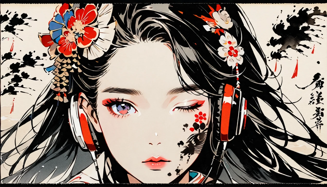 (((Ink Painting))), Fashion portrait color photos, (((1 girl))), (((Tattoo on face))), (((Gorgeous hair accessories))), Japanese style headphones, face close-up, Japanese beautiful girl, Black Hair, Delicate and precise, Modern ukiyo-e style