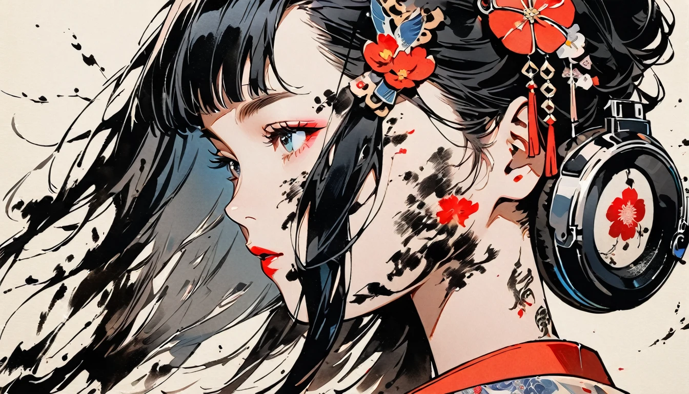 (((Ink Painting))), Fashion portrait color photos, (((1 girl))), (((Tattoo on face))), (((Gorgeous hair accessories))), Japanese style headphones, face close-up, Japanese beautiful girl, Black Hair, Delicate and precise, Modern ukiyo-e style