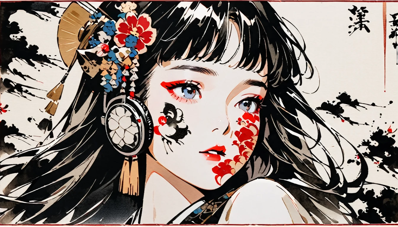 (((Ink Painting))), Fashion portrait color photos, (((1 girl))), (((Tattoo on face))), (((Gorgeous hair accessories))), Japanese style headphones, face close-up, Japanese beautiful girl, Black Hair, Delicate and precise, Modern ukiyo-e style