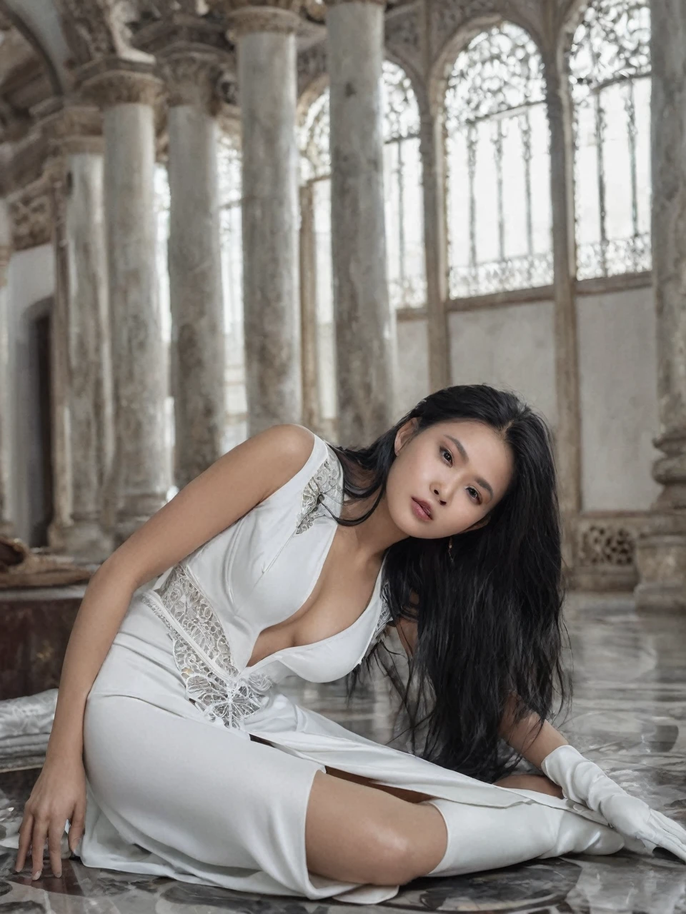 RAW Photograph, 35mm, (((masterpiece))),(((ultra realistic photo))),(ultra photorealism))),(((best picturel))),medium closeup of a beautiful white skin Indonesian Woman,(knocked out, unconscious asleep,body lying naturally on the ground floors of the palace), age 47(looks naturally like age 27), height 176cm, 36-24-36 body ratio, small round breasts, slim abs, perfect realistic body and hands, long black 1.5 meter hair, woman wearing futuristic elegantly white royal gothic style long slit skirt dress(open chest, revealing, crotchless, open thighs, no underwear), long cape, hand gloves, high thigh boots, detailed skin with visible pores, high intricate details, (((amazing composition))), in futuristic white theme palace, futuristic spaceship era, ((((Royo, Giger))),(((8k)))